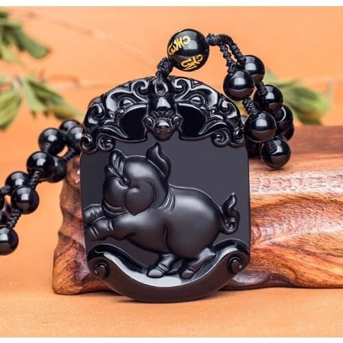 Natural Black Obsidian Zodiac Pig Jade Pendant Necklace Chinese Hand-Carved Fashion Jewelry Amulet Accessories for Men Women
