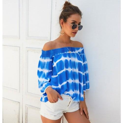 2020 NEW Tie Dye Print Off the Shoulder Long Sleeve T Shirt Women Casual Loose Ladies Autumn Tops T Shirt