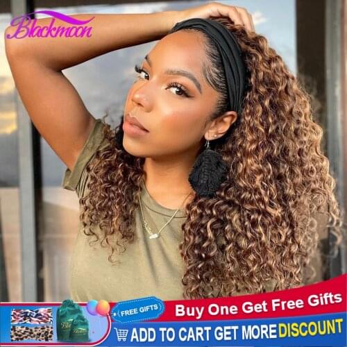 Deep Curly Headband Human Hair Wig Ombre Highlight Brazilian Glueless Wigs for Black Women P4-27 Honey Blonde Color Remy Hair