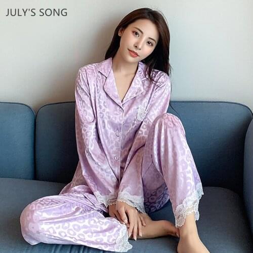 JULYS SONG Pajamas Set Women Ice Silk Lace Jacquard Leopard Print 2 Pieces Spring Autumn Sleepwear Long-sleeved Trousers Suit