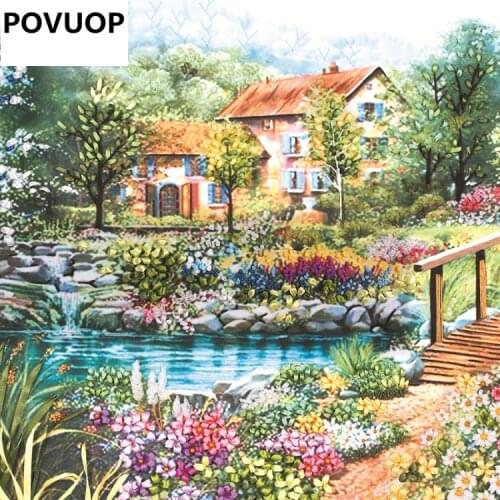POVUOP New arrival ribbon embroidery 85X60cm fashion print 3d cross stitch paintings