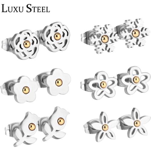 LUXUSTEEL Earrrings For Women Flower Stud Earring Stainless Steel 6Pairs/Boxes Push Back Mixed Style Earring Sets Brinco