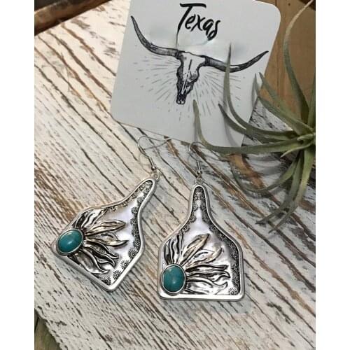 2021 Wholesale New Retro Pattern Ethnic Style Turquoise Flower Earrings Personality Exaggerated Geometric Jewelry