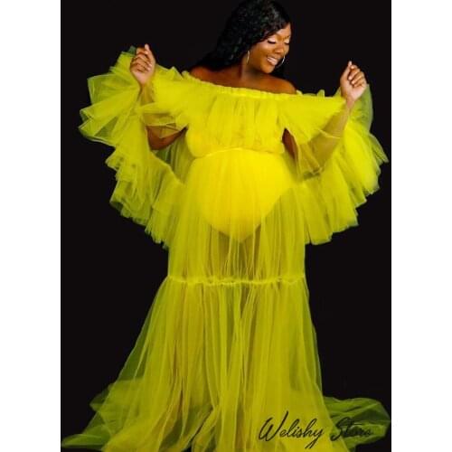 Bright Yellow See Through Women Dress Off the Shoulder Tiered Long Sleeve Long Maternity Dresses for Photoshoot Robes Plus Size