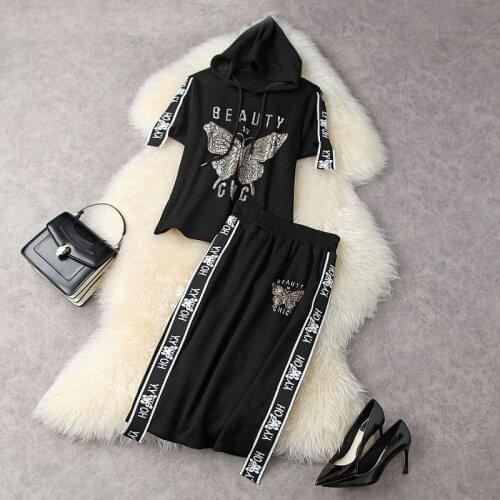 Women summer casual two piece outfits new 2021 beading buttertly hoodies t-shirts elastic waist skirt suits jersey matching set