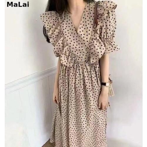 One Piece Dress Korean Chic Summer V Neck Ruffles Flare Short Sleeve Polka Dot Dress Women Vintage Slim Wild De Mujer Vestidos
