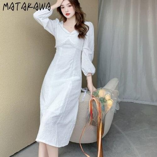 Matakawa Woman Dress Autumn French Vintage Jacquard White Vestidos Fashion Square Collar Pearl Puff Sleeve Long Dresses