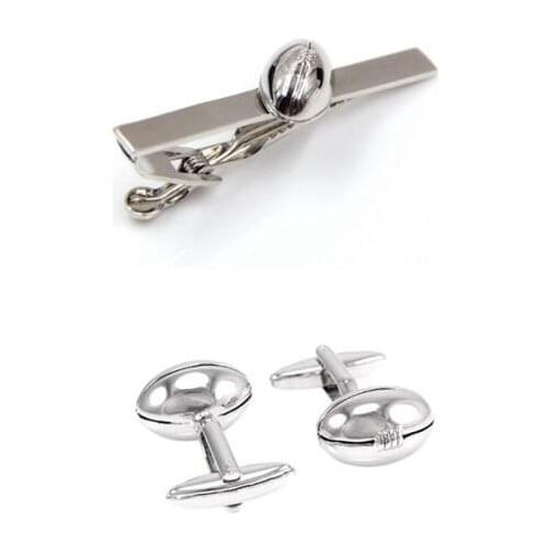 5sets/lot Sport Rugby Cufflinks&Tie Clip Set Silver 3D American Footbal Cuff links+Tie Pin Bar Sets Set Mens Jewelry Accessory