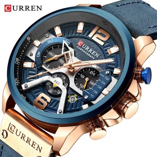 CURREN Casual Sport Watches for Men Blue Top Brand Luxury Military Leather Chronograph Wrist Watch Man Clock Fashion 8329