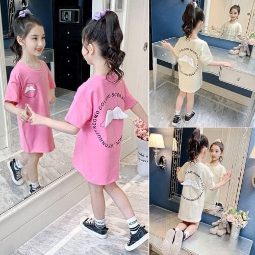 90-160cm Baby Girl Medium-Long T-Shirt Childrens Cotton O-Neck Cute 3D Wing Letter Tops One Piece Clothing Child Summer Clothes