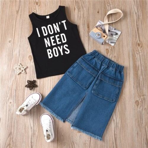 2021 Kid Girls Fashion Child Letter Sleeveless Tops Denim Split Mid-length Skirt Summer Infant Clothing