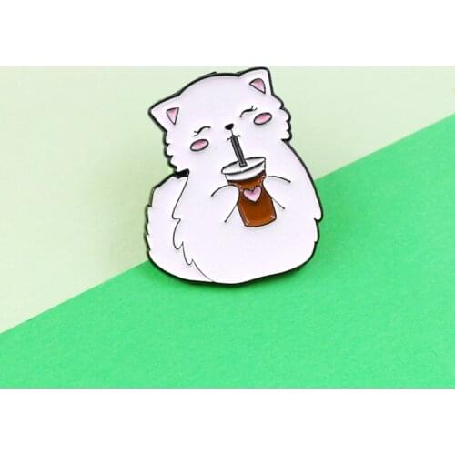 Cartoon cute animal cat drinking water love milk tea enamel brooch alloy badge cowboy clothes bag pin accessories women jewelry