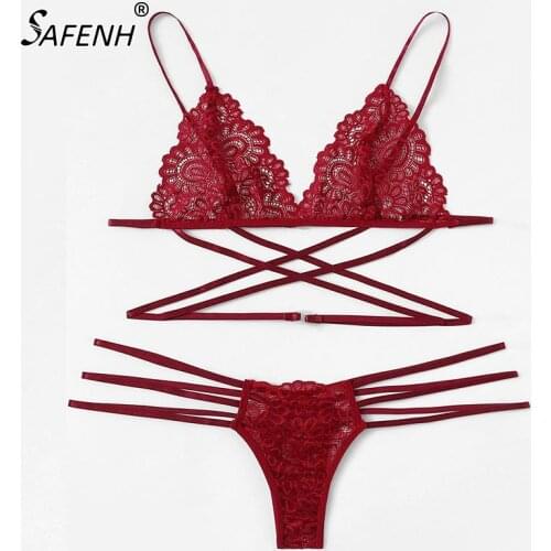 Sexy Lingerie Bra Set Women Green Sexy Lace Sling Bra Thong Set Bandage Underwear Sleepwear Lingerie Sets Lenceria