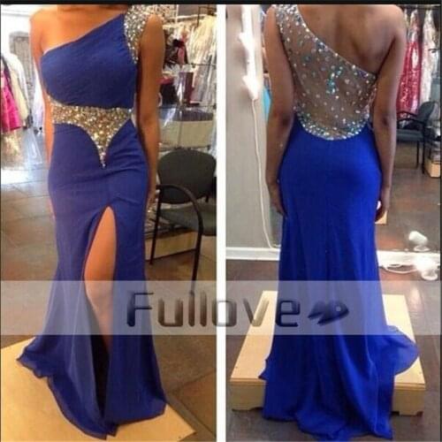 Royal Blue One Shoulder Rhinestone Beaded Long Prom Dresses 2019 See Through Sheer Back Party Dress With High Slit Vestido Longo