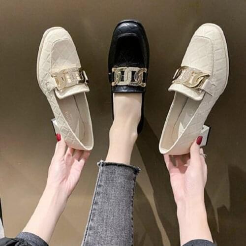 Korean Style Small Leather Shoes Spring And Autumn New Fashion Metal Decoration Square Toe Shallow Mouth High Heel Womens Shoes