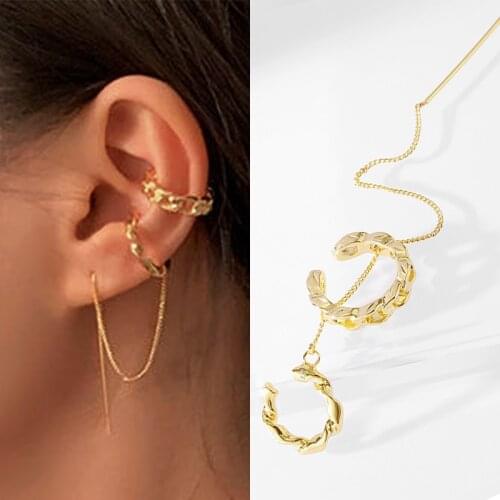 Minimalist Gold Color Metal Ear Line Ear Cuff Long Tassel Earrings for Women Fashion Clip On Cartilage Earrings