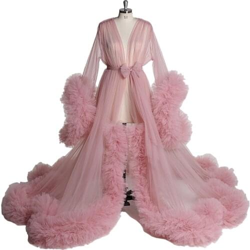 Fashion Emerald Pink Evening Dresses 2021 Long Sleeves Ruffles Tulle Lace Pregnant Women Cape Maternity Formal Evening Gowns