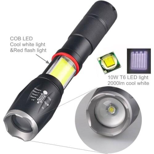 Topcom Powerful 10W 5-Mode Flashlight White & Red Light T6 COB LED Light Waterproof Zoom 18650 Torch Light With Magnet Bottom