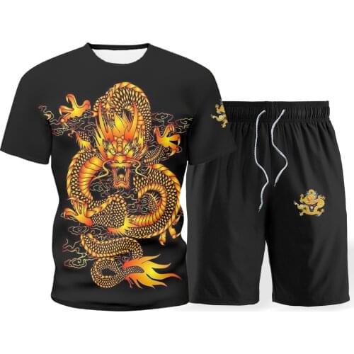 2021 mens sets Chinese style summer short-sleeved T-shirt suit black new red retro two-piece 3D printing dragon dragon