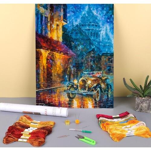 Vintage Car Printed Water-Soluble Canvas 11CT Cross Stitch Complete Kit Embroidery DMC Threads Handiwork Handicraft Floss
