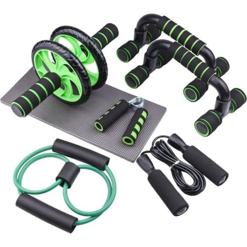 5 Pieces Kit Ab Roller Hand Gripper 8-Type Tension Band Jumping Rope Push-Up Stands Muscle Fitness Equipment Professional Sports