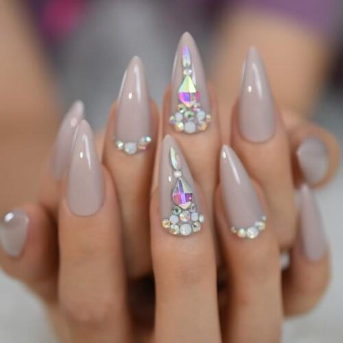 Crystal False Nails Pointed Strass Long Stiletto Acrylic Artificial Nail Art Tips Rhinestone Designed Manicure Tips 24