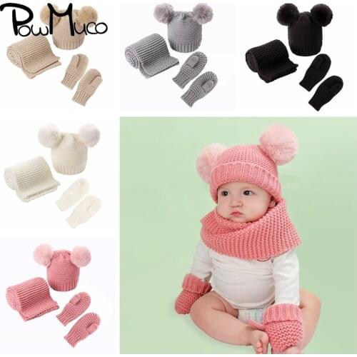 Powmuco Infant Solid Color Knitted Hat Scarf and Glove Set Cute Double Pompon Baby Girls Caps Warm Kids Accessories Photo Props