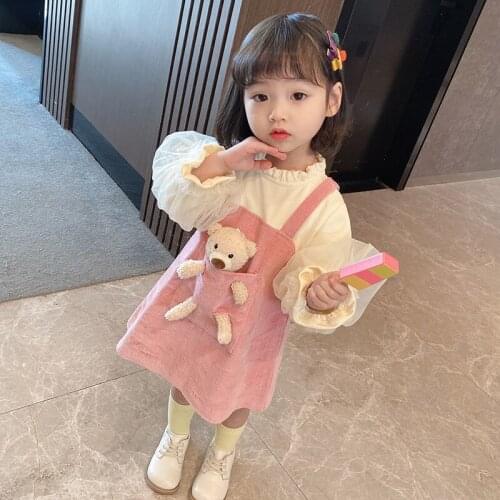 Girls Spring and Autumn Dresses Long-sleeved Virgin Baby Cartoon Toy Bear Strap Dress Two-piece Princess Dress Kids Sweater