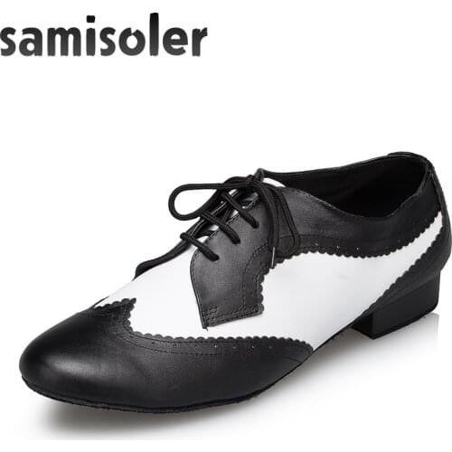 Samisoler Black White Mens Black leather ballroom dance shoes Flats Modern dance shoes Tango Party Wedding Square dance shoes