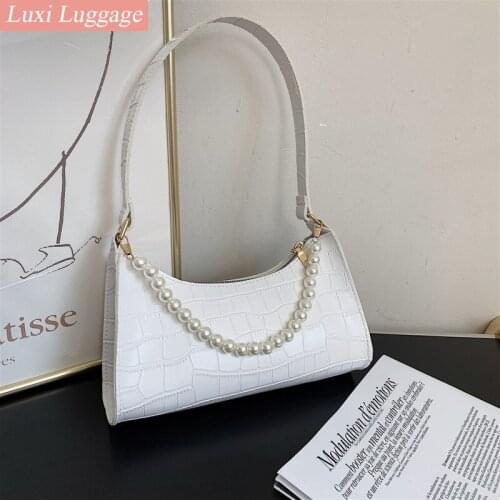 Stone Pattern PU Leather Armpit Bag for Beautiful Women 2021 Solid Color Pearl Chain Handbags Female Travel Fashion Hand Bag
