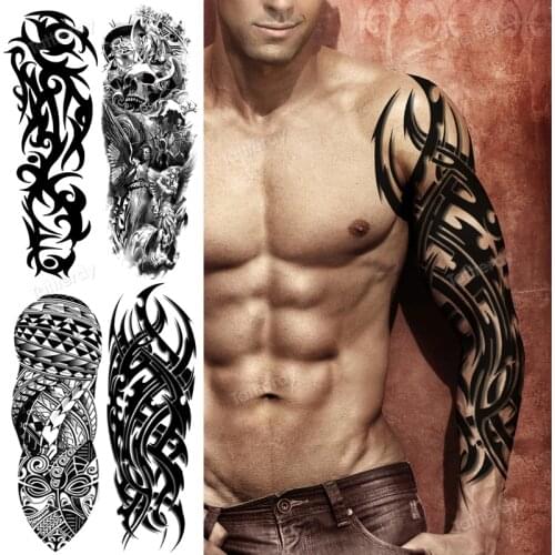 Full arm temporary tattoos large black totem trial boys tatoo fake waterproof skull lion sleeve tattoo stickers body art makeup