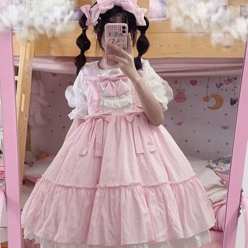 Japanese Kawaii Bowknot Solid Teen Girls JSK Lolita Dress Summer Casual Cute Fairy Floral Sleeveless Princess Women Dresses 2021