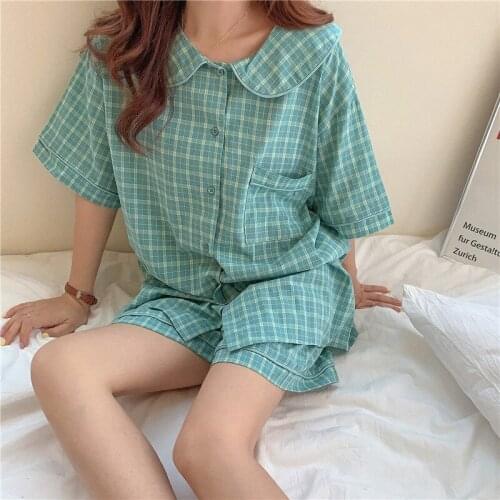 Blue Red Korean Style Summer Woman Top Plaid Peter Pan Collar Shorts Suit Out Wear Pajamas 2021 Nighty Casual Loose Sleepwear