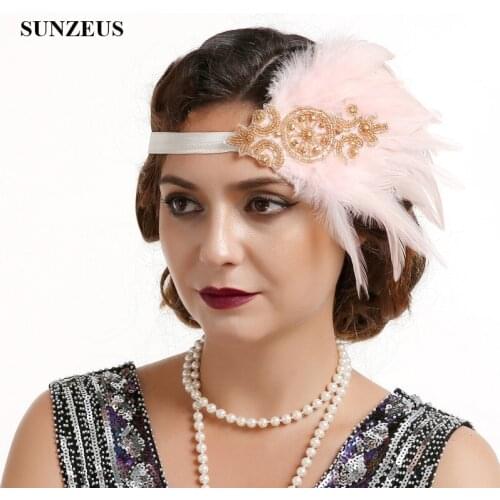 Shiny Gold Beaded with Black Feathers Women Dinner Party Headwear White Headband Bridal Wedding Hair Accessories BQ016