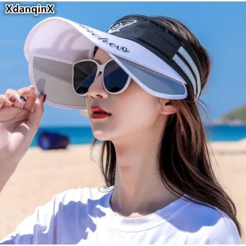 XdanqinX Womens Empty Top Hat Spacious Sun Hats Novel Visor Retractable Women Beach Hat NEW Adjustable Size Female Fashion Cap