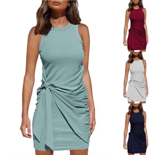 Bow Tie Belt Dress for Women Fashion Irregular Dresses Pleated Sleeveless Dress Sweet Heart Plain Bodycon Solid Color Midi Dress