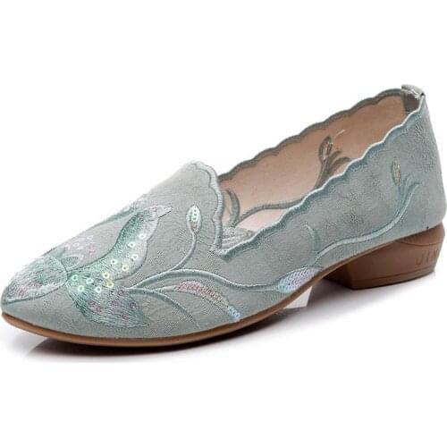 Vintage Ladies Soft Jacquard Cotton Embroidered Pointed Toe Ballet Flats Women Casual Slip-On Sneakers Comfort Beige Green