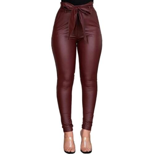 Autumn Faux Pu Leather Pants Black/Blue/Red Belt High Waist Pencil Pant Women Sexy Fashion Long Trousers Casual Pants Female 3XL