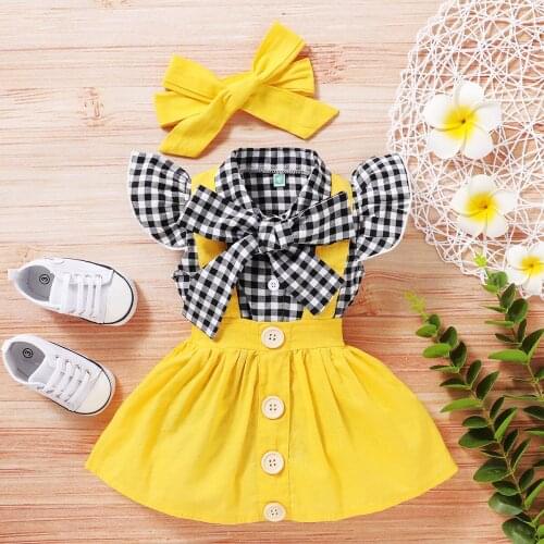 Baby girl clothes summer girl flying sleeves plaid shirt suspender skirt free headwear 3PC girls cotton suit childrens clothing