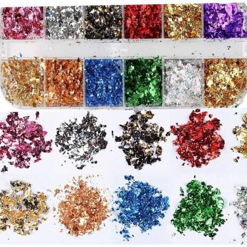 12 colors 1 box Foil Flakes Nail Art Decoration manicure gold foil / ultra-thin nail accessories Flakes Chunky Glitter,HY5450-12