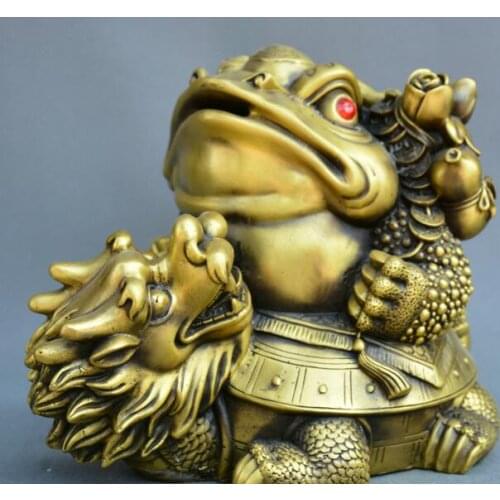Chinese fengshui old Bronze Dragon turtle Gold toad gourd money wealth statue