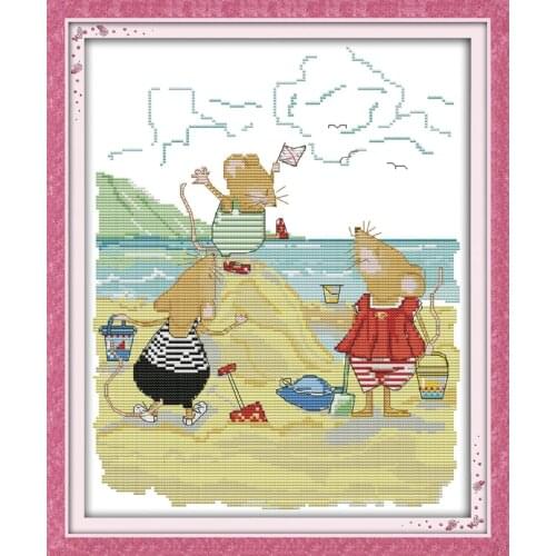 Joy sunday cartoon style Mice on the beach stamped cross stitch christmas gift embroidery set for children room decoration