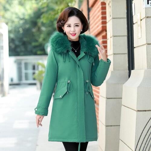 Winter New Womens Cotton-padded Clothes Mid-length Hooded Big Fur Collar Plus Velvet Thick Middle-aged Elderly Cotton Coat Q102