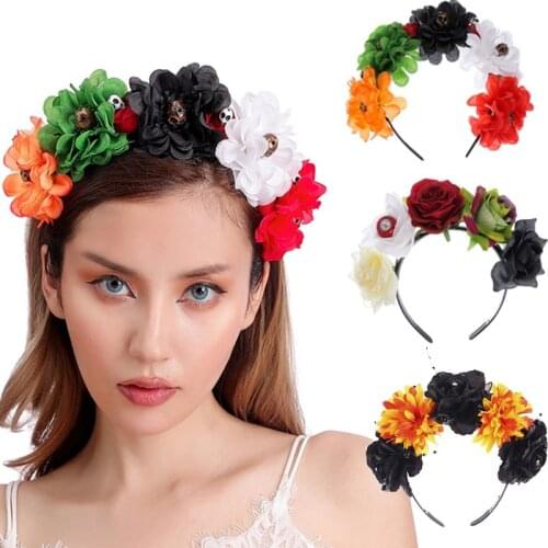 Halloween Day of The Dead Headband Vintage Artificial Rose Flower Beaded Hair Hoop Crown Scary Spider Cosplay Headpiece