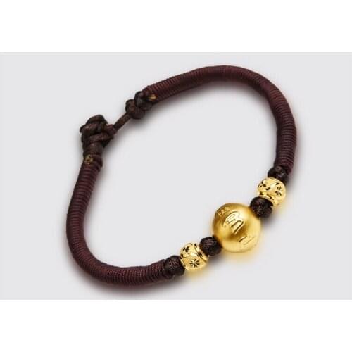 Pure Solid 24K Yellow Gold Round Beads String Weave Mens Bracelet