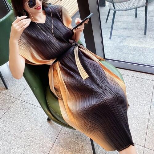 Bat Sleeve Gradient V-Neck Miyak Pleated Midi Dress Women Summer Plus Size Loose Lace-up O-Neck Casual Straight Dress Female