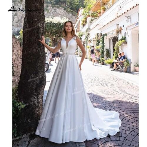 Beautifully A-Line Soft Satin Wedding Dresses Low V-Neck Sleeveless Beading Sashes Illusion Lace Back Chapel Train Bride Gowns