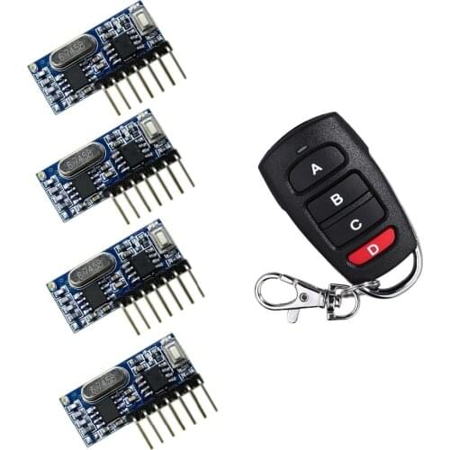 RF Remote Control Transmitter & 433Mhz Wireless Receiver Learning Code 1527 Decoding Module 4-Ch Output With Learning Button
