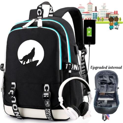 New Moon Wolf School Backpack for teens Boys Girls Luminous travel canvas bag Laptop Breathable backpack can USB Charging