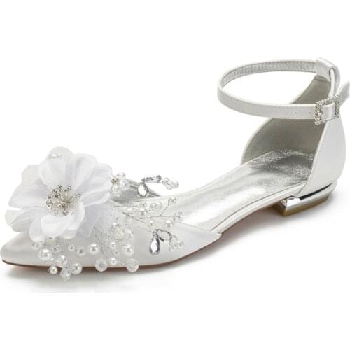 Flower Pearls Wedding Flats for Bride Pointed Toe Ankle Buckle Strap Bridal Bridesmaid Dress Shoes Flat